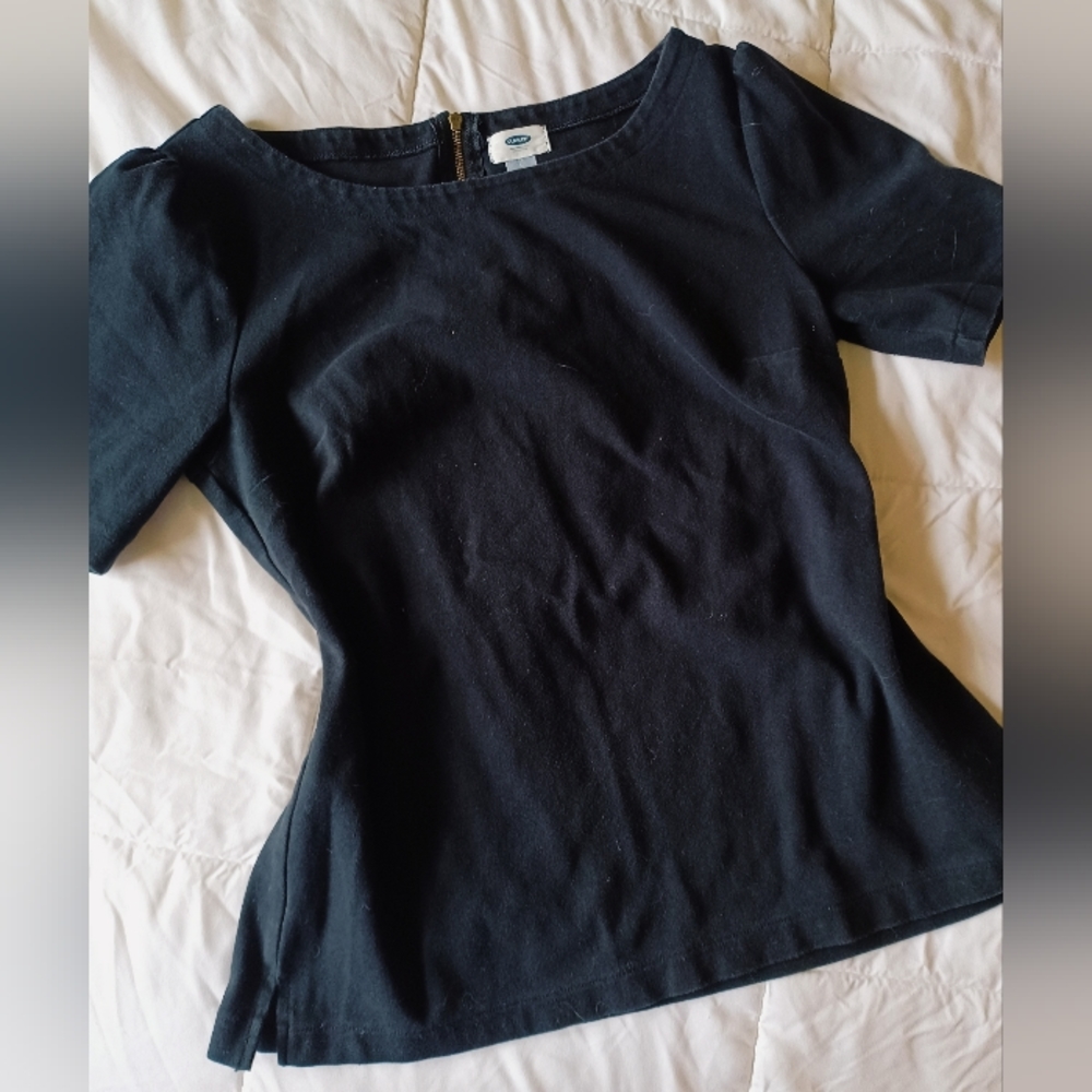 Old Navy Stretch Ponte Cotton Black Neutral Darted Short Sleeve Fitted Blouse
